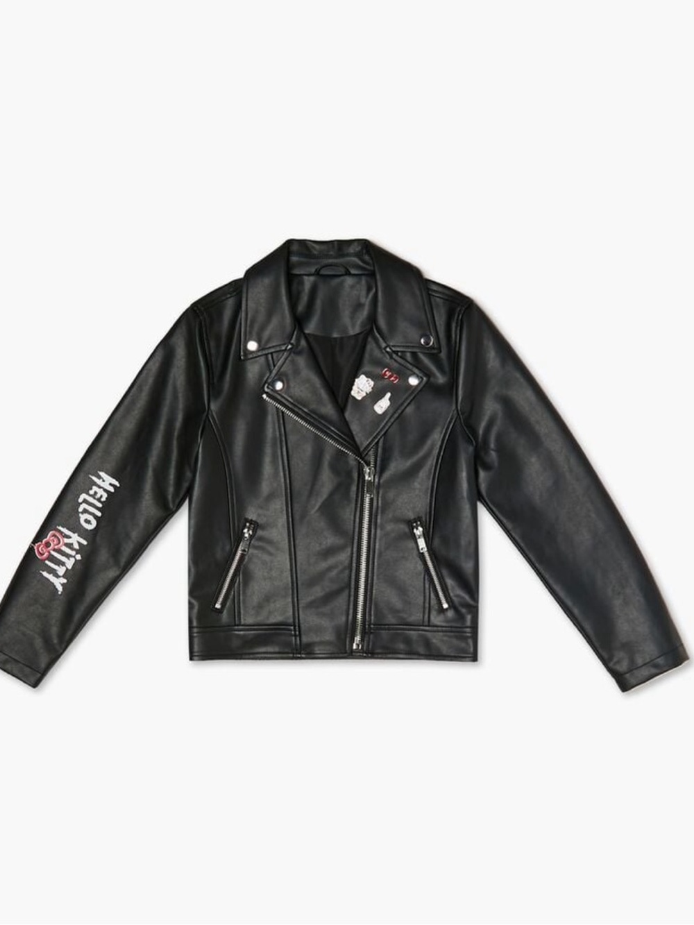 Hello Kitty X forever 21 kids faux leather biker jacket 9/10 with lapel pins